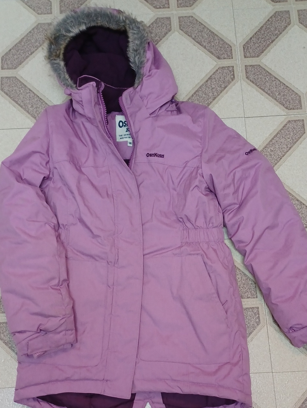 OshKosh B'gosh Light Pink Puffer Coat with Faux Fur Hood Size 14